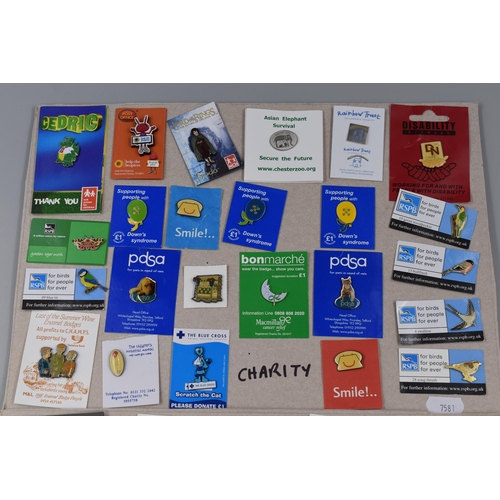 248 - Selection of Charity badges to include Lost of the summer wine, The blue cross, Kidney research, Buy... 