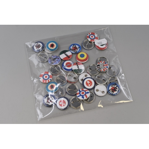 155 - Thirty Five MOD Pin Badges inclduing The Jam, The Who, The Kinks, Vestpa and More