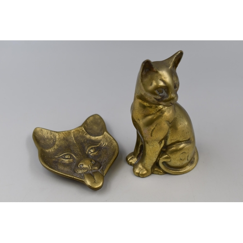 253 - Cat Brass Styled Figurine and Dog Brass Styled Dish (tallest 5 1/2