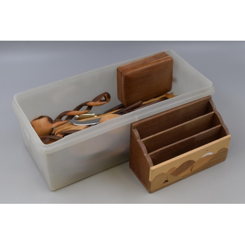 255 - Selection of Wooden items to include Letter Holder, Trinket Box, Spoons and more