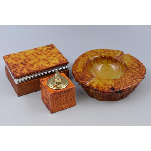 261 - 1960's Orange Alabaster Smoking Set, includes Ashtray, Lighter and Cigarette Holder