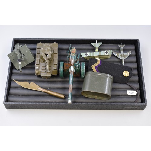 273 - Mixed tray of Vintage Military Related Items to include Die-Cast Tank, Canons, Planes and trench Art