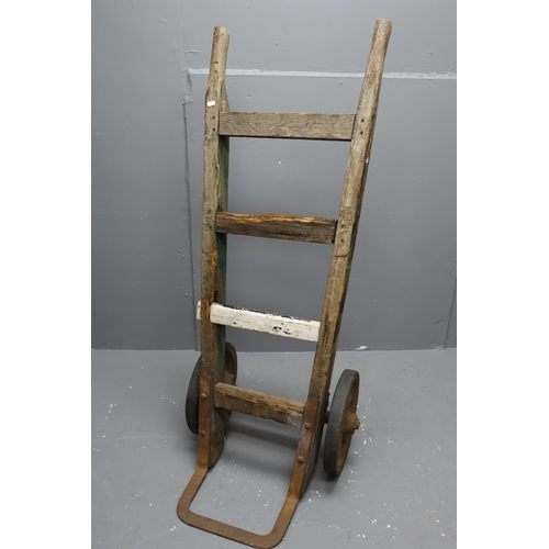 571 - Vintage Wooden Trolley with Cast Iron Metal Wheels Approx 56