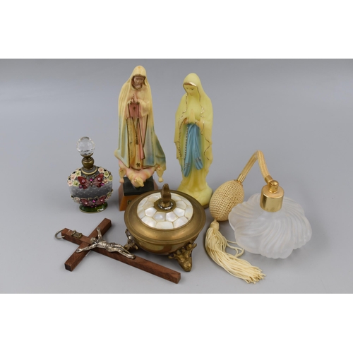 431 - Mixed Selection including Perfume Bottles, Religious Figurine (As Found), Atomizer, Crucifix and Bra... 