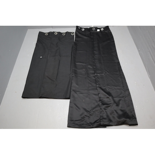 658 - Two pairs of black curtains, Black lined (W 64 x L 50), Black silk style (W 60 x L 76)