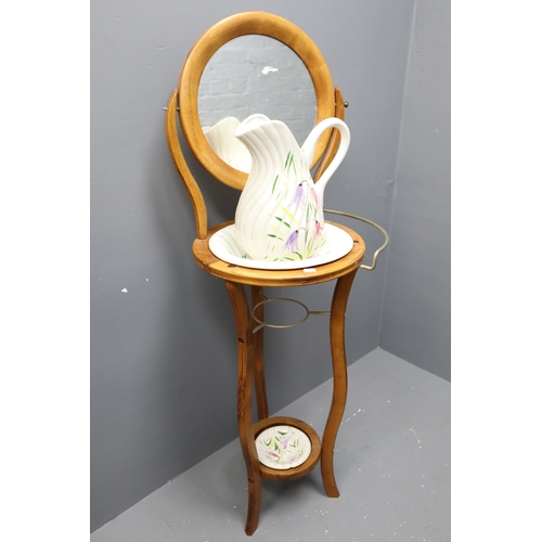 579 - A Vintage Circular Washstand With Mirror, Includes Two Bowls and Jug. Approx 52