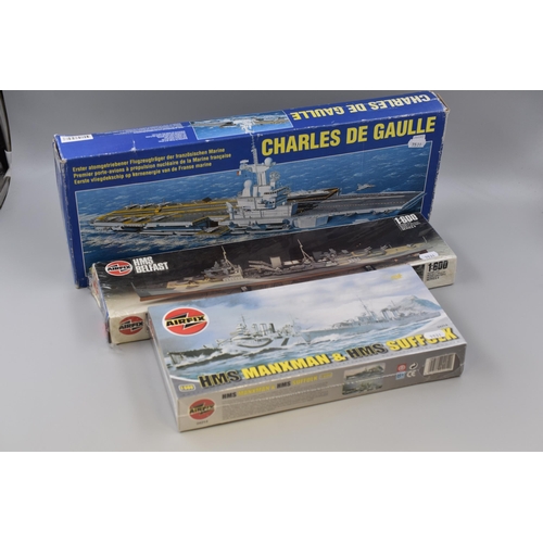 674 - Three Plastic Model Kits of Battle Ships to Include, HMS Belfast, HMS Manxman & HMS Suffolk ( in... 