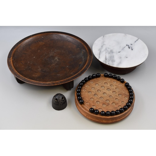 678 - Victorian wooden bowl, lazy Susan and Patience game including marbles