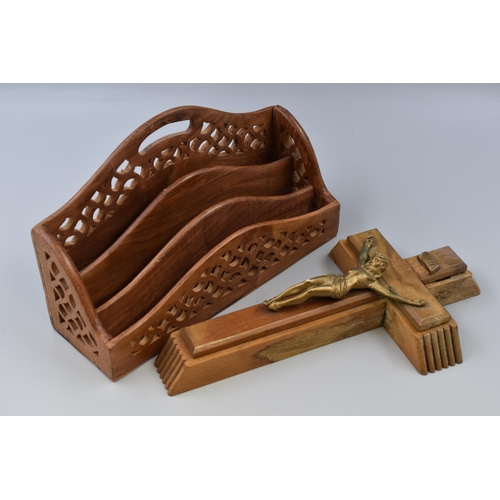 681 - Two Vintage Hand carved items to include a Wooden Crucifix with Secret Compartment and a Desktop Let... 