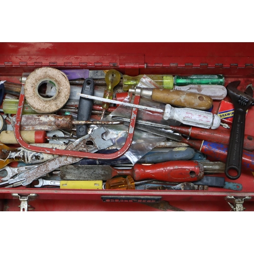 610 - A Clarke Four Section Red Metal Toolbox, With a Selection of Unsorted Tools