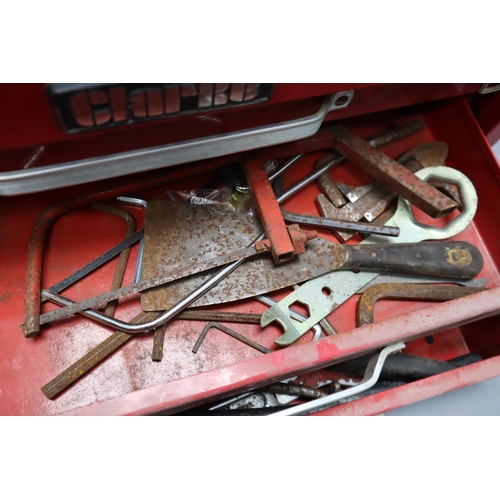 610 - A Clarke Four Section Red Metal Toolbox, With a Selection of Unsorted Tools