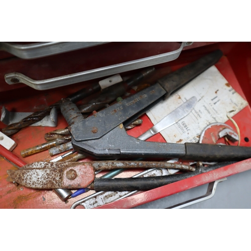 610 - A Clarke Four Section Red Metal Toolbox, With a Selection of Unsorted Tools