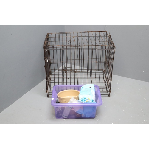 742 - Dog lot to include small dog cage, two dog bowls, puppy pads and more