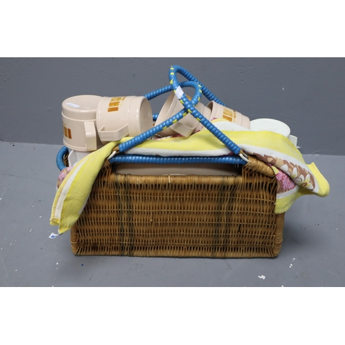 545 - Vintage Picnic Basket to include Cups, Side Plates, Plates and Bowls