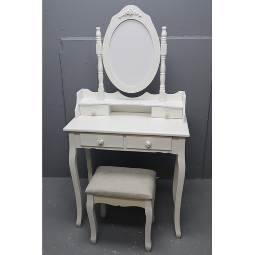 546 - Four Drawer Dressing Table With Stool, In White With Rose Handles. Approx 57