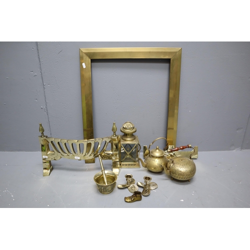 736 - A Selection of Brassware To Include Fire Guard, Fire Surround, Two Teapots, Pestle and Mortar, Hangi... 