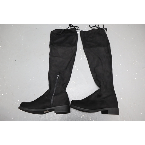 646 - Three pairs of shoes to include over the knee boots (size 5), slim heel sandles (size 5) and satin 2... 