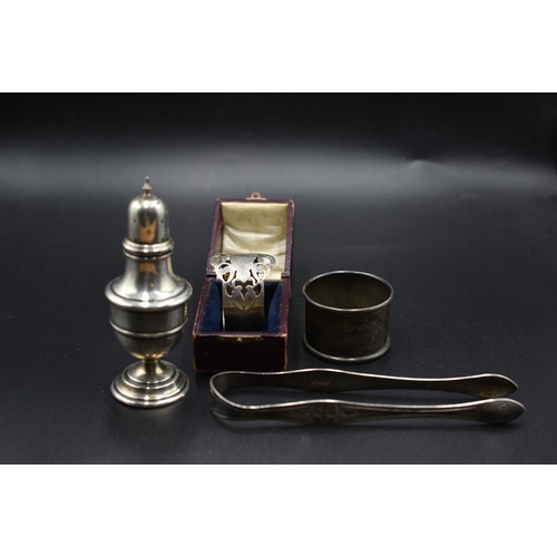 12 - Four Pieces of Hallmarked Silver To Include Two Napkin Rings (One In Presentation Case, William Deve... 