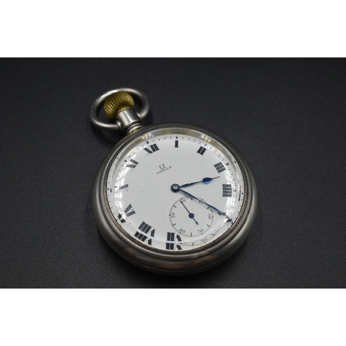 3 - A 925. Silver Cased Omega Mechanical Open Face Pocket Watch, In Working Order. Approx 6cm Diameter