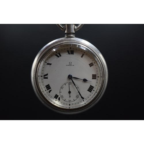 3 - A 925. Silver Cased Omega Mechanical Open Face Pocket Watch, In Working Order. Approx 6cm Diameter