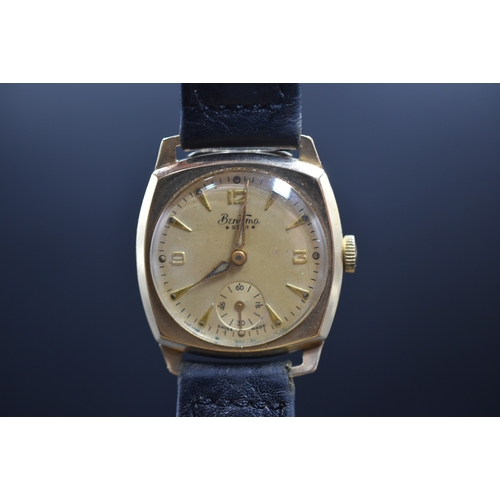 7 - A 9ct Gold Cased Bentima Star Mechanical Watch, With Leather Strap. In Working Order