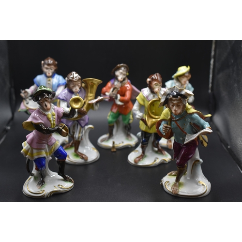 15 - Seven Volkstedt 1762 Porcelain Monkey Band Figures (5 are in perfect condition with 2 a/f) Tallest 6... 