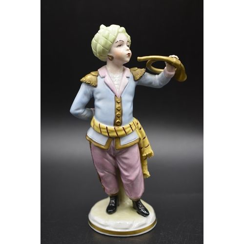 17 - Set of six Sitzendorf porcelain Turkish child band figures, each with blue factory mark to the under... 