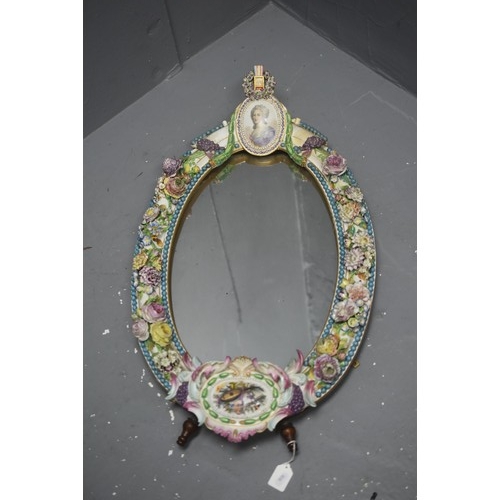 18 - Antique Meissen of Germany Porcelain Wood Backed Mirror displaying Marie Antoinette portrait in Pain... 