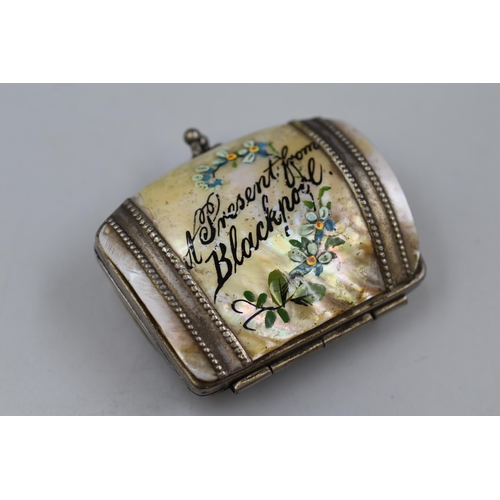 34 - An Unmarked Silver and Mother of Pearl Handpainted 'A Present From Blackpool' Coin Purse