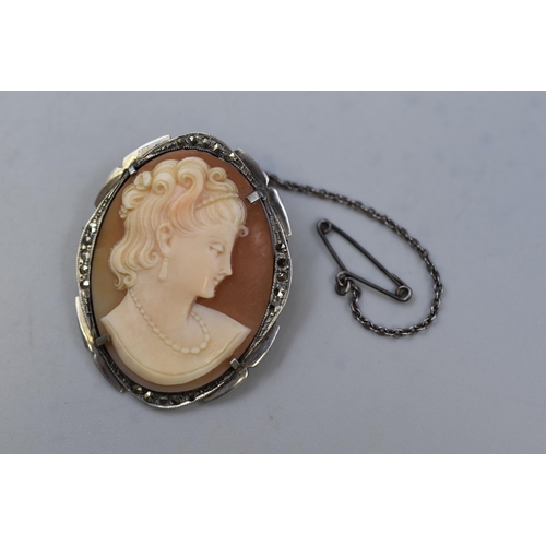 37 - Silver 925 Marcasite Cameo Brooch with Safety Chain complete with Presentation Box