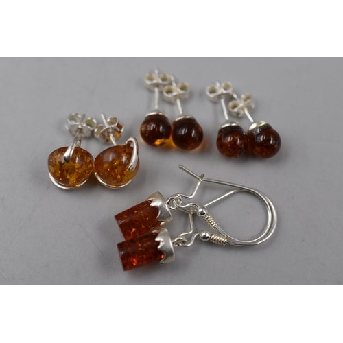 50 - Selection of Four Pairs Silver 925, Amber Stoned Earrings