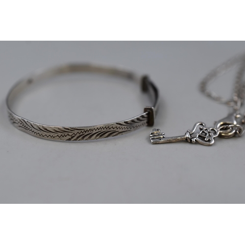 62 - A 925. Silver Etched Adjustable Child's Bangle, With 925. Silver Child's Key Necklace