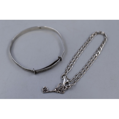 62 - A 925. Silver Etched Adjustable Child's Bangle, With 925. Silver Child's Key Necklace