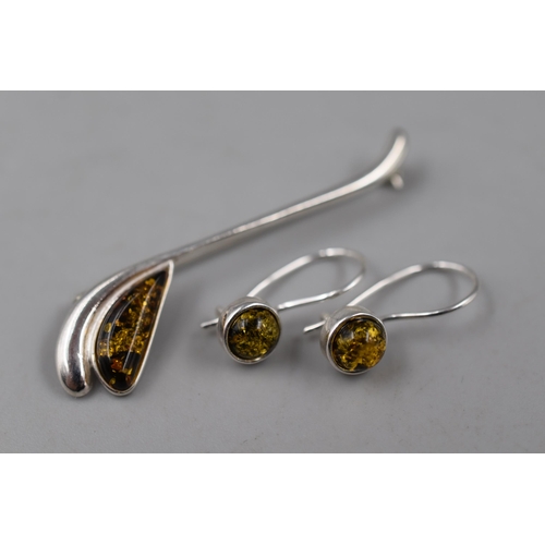 63 - Silver 925, Amber Stoned Brooch & A Pair of Earrings