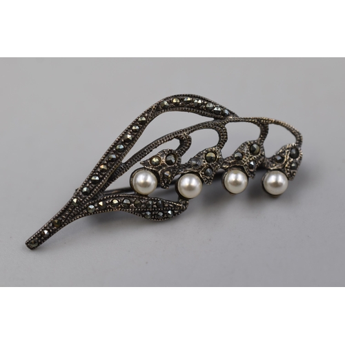 66 - A 925. Silver Marcasite Stoned and Simulated Pearl Floral Brooch, In Presentation Box