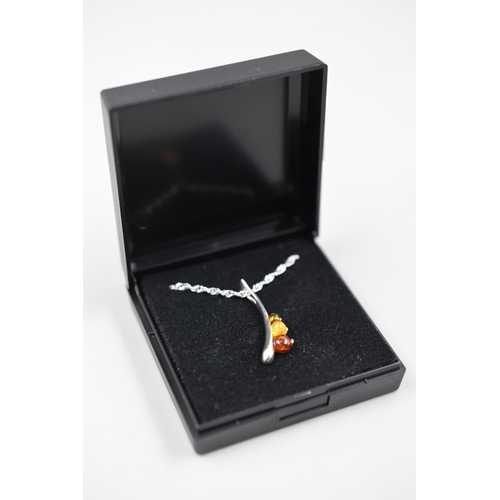 68 - Silver 925 Necklace with Amber Stoned Pendant Complete in Presentation Box