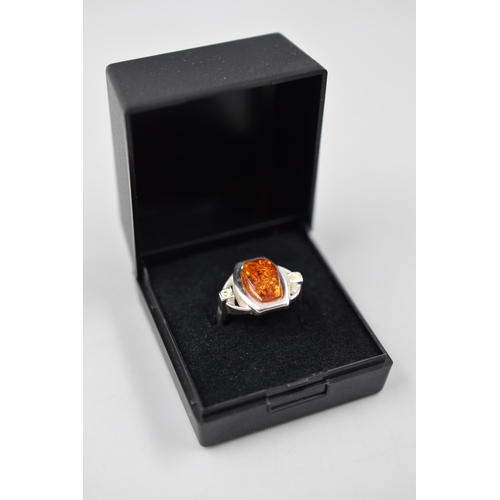 69 - Silver 925, Amber Stoned Ring (Size N) Complete in Presentation Box