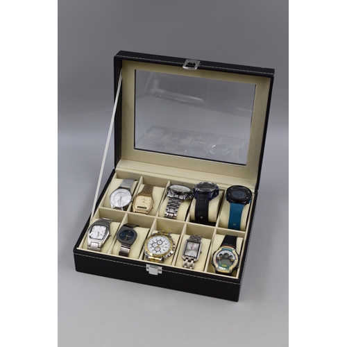 94 - Ten Gents Quartz Watches In Black Faux Leather Presentation Box. To Include Casio, Swiss Time, Umbro... 