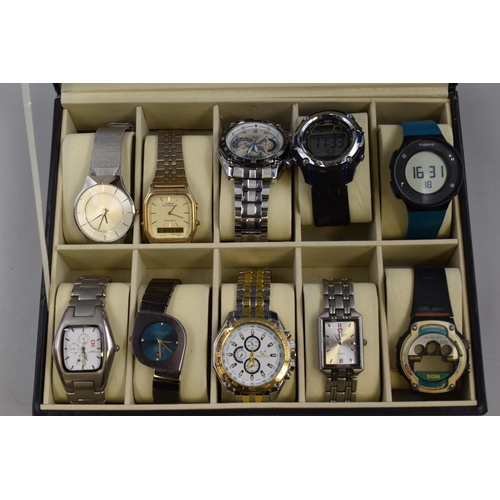 94 - Ten Gents Quartz Watches In Black Faux Leather Presentation Box. To Include Casio, Swiss Time, Umbro... 