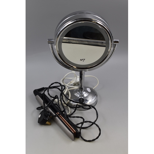 533 - A No7 Light-Up Makeup Mirror, With Remington Keratin Therapy Hair Straighteners. Both Power On