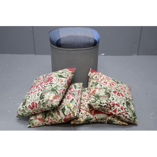 599 - A Patchwork Lidded Lloyd Loom Style Laundry Basket With Sewing Themed Inner Lining, And Four Floral ... 