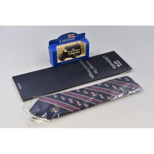 562 - New, R.N.L.I Lifeboats Heritage Tie, Exclusive Design, Still Sealed, also Included Die-Cast Model R.... 