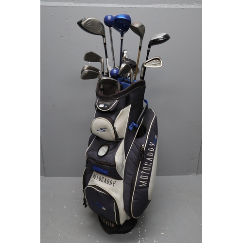 650 - A Selection of Left Handed Golf Clubs in Motocaddy s3 Golf Bag. Includes Wilson, Donnay, Ben Sayers,... 