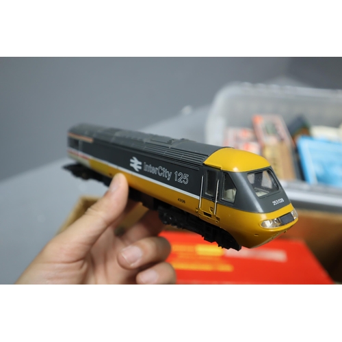 566 - Two mixed Tubs of Vintage Model Railway items to include Train Units, Carriages (some boxed) Outbuil... 