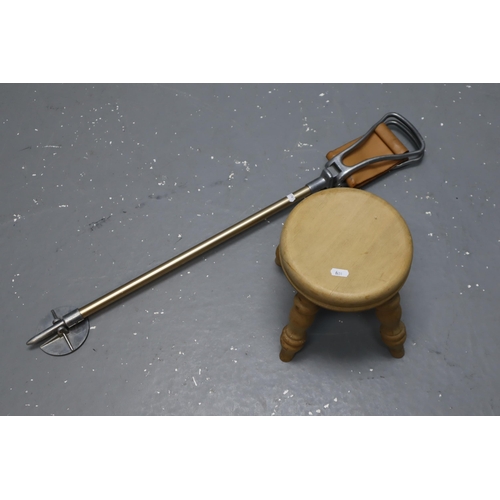 667 - A Small Pine Stool, With A Vintage Featherwate Shooting Stick