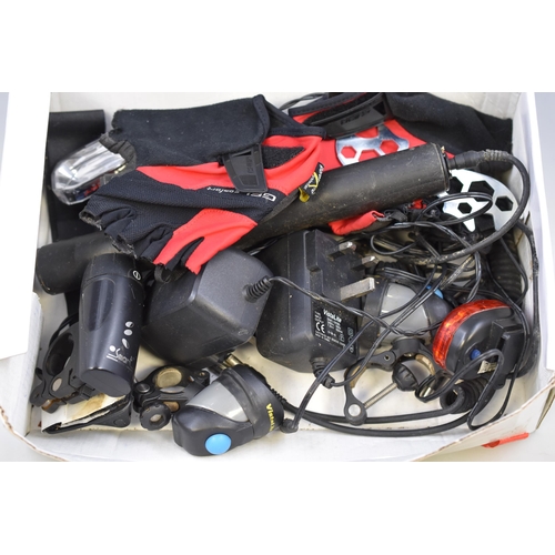 675 - A Selection of Bike Lights and Accessories With Chargers. Untested