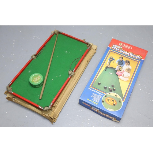 758 - Small Snooker Table and Indoor Flat Green Bowls (unsure if both are complete)