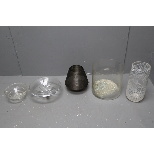 725 - Small Mixed Lot to Include Two Glass Dishes, Two Decorative Vases and a Candle Holder (Tallest 14