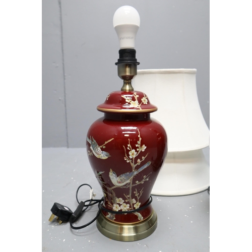 727 - A Pair of Oriental Style Crimson and Brushed Metal Bird and Floral Table Lamps, Approx 25