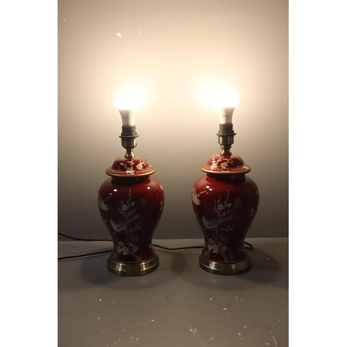 727 - A Pair of Oriental Style Crimson and Brushed Metal Bird and Floral Table Lamps, Approx 25